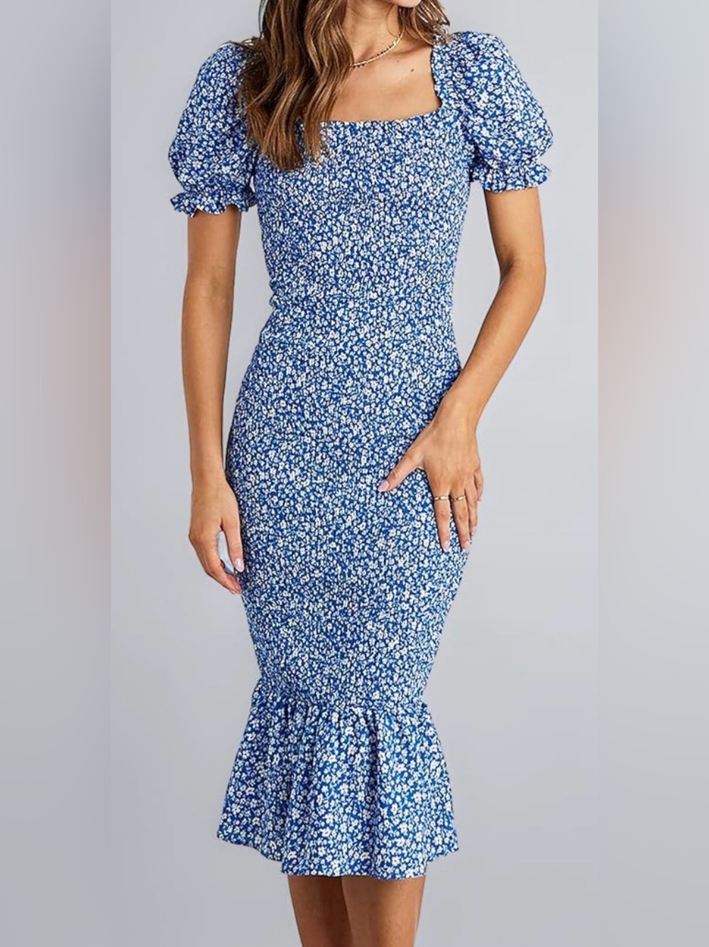 PRETTYGARDEN Blue Floral Smocked Midi Dress Puff Sleeve Cottagecore Size S